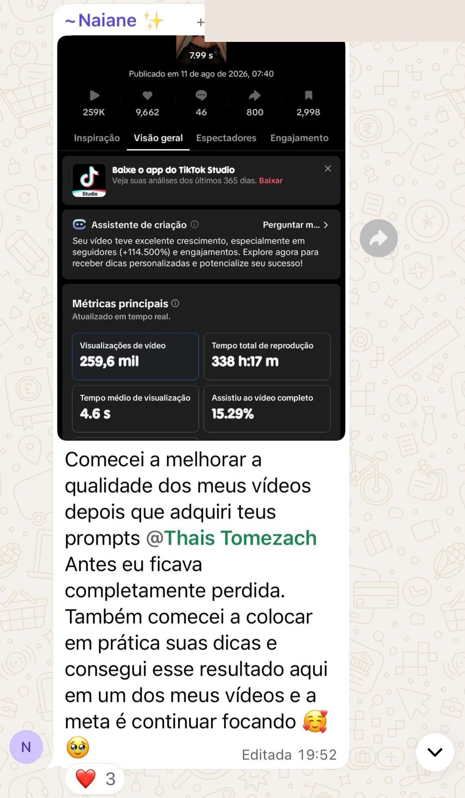Depoimento de Naiane — aluna da Thais